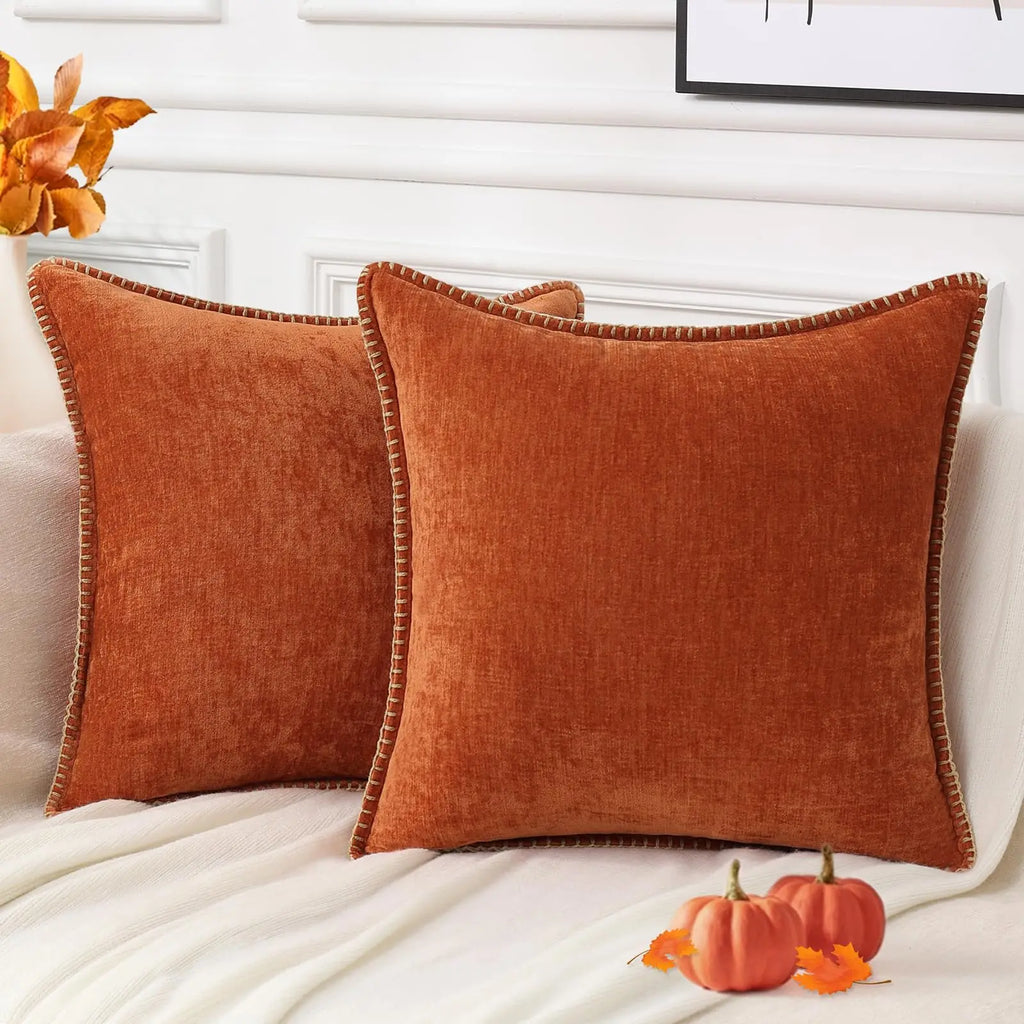 Chenille Throw Pillow Cover Stitched Edge Cushion Case