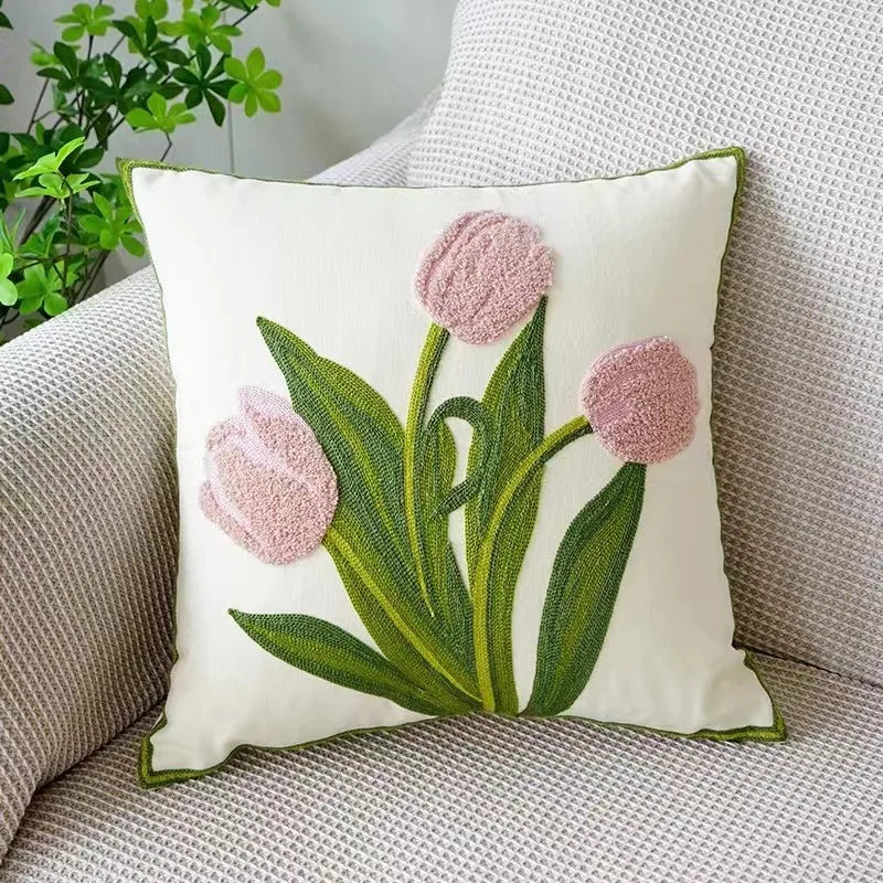 Embroidered Cushion Cover Cotton Polyester Canvas | Floral Pattern Twill Weave | Hidden Zipper for Seamless Home Styling