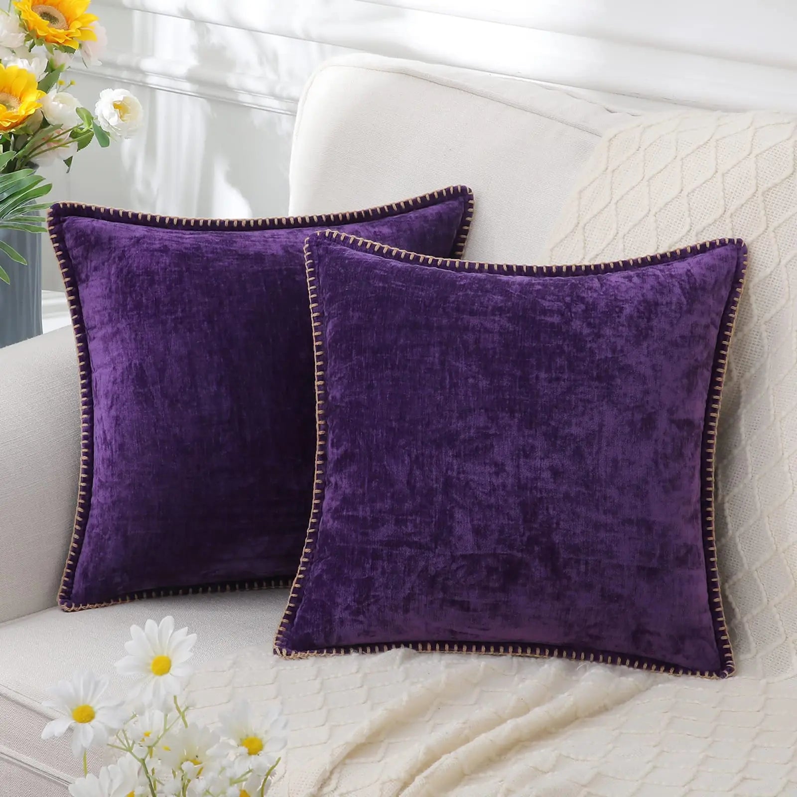 Chenille Throw Pillow Cover Stitched Edge Cushion Case