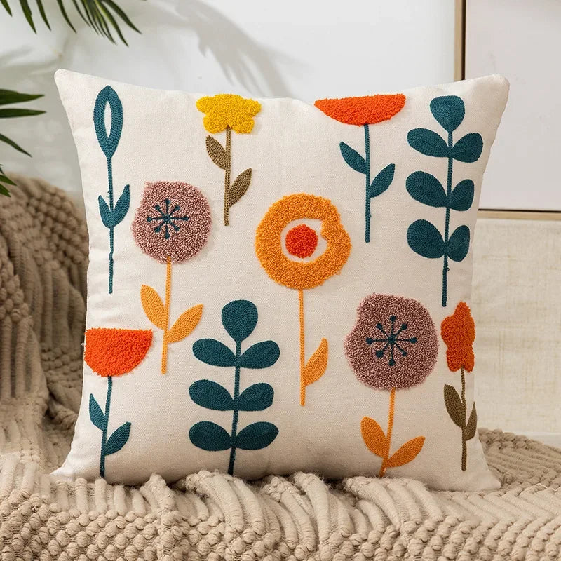 Embroidered Cushion Cover Cotton Polyester Canvas | Floral Pattern Twill Weave | Hidden Zipper for Seamless Home Styling