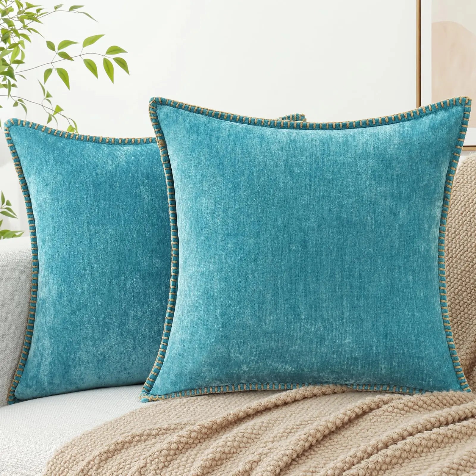 Chenille Throw Pillow Cover Stitched Edge Cushion Case