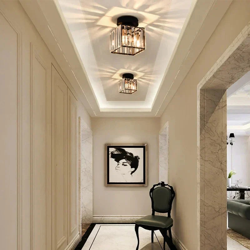 Crystal Flush Mount Ceiling Light Iron and Crystal Glass | Hardwired E27 Base | Functional Ambient Lighting for Hallways