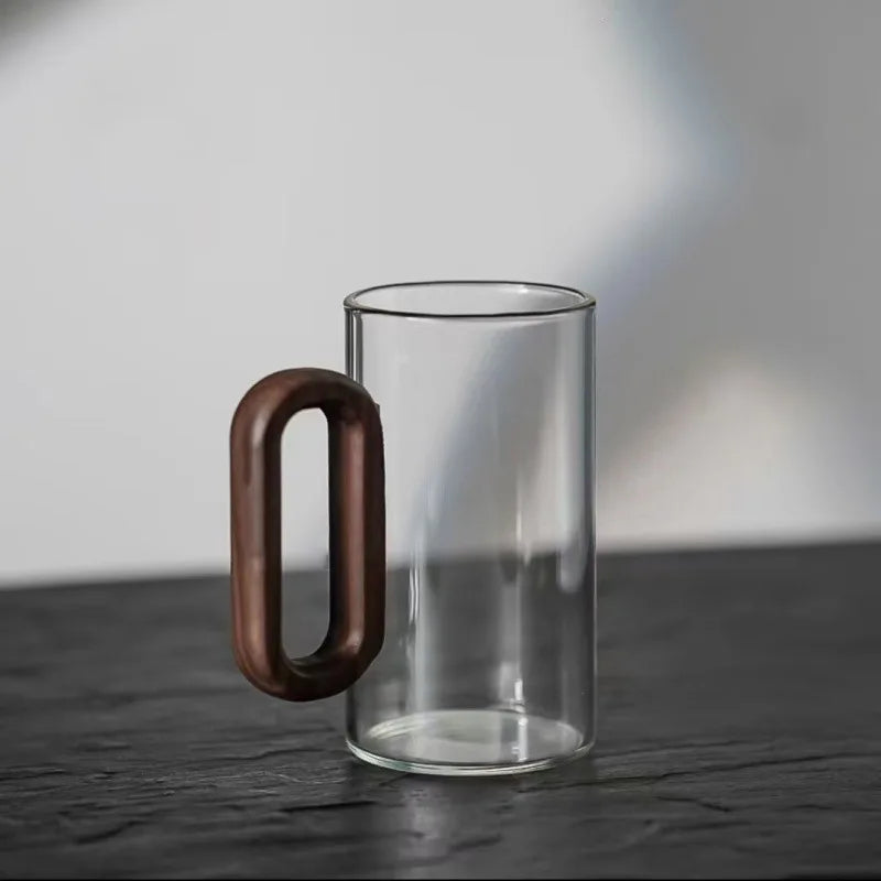Smoked Glass Coffee Mug Wooden Handle Tea Cup Modern Drinkware Mug