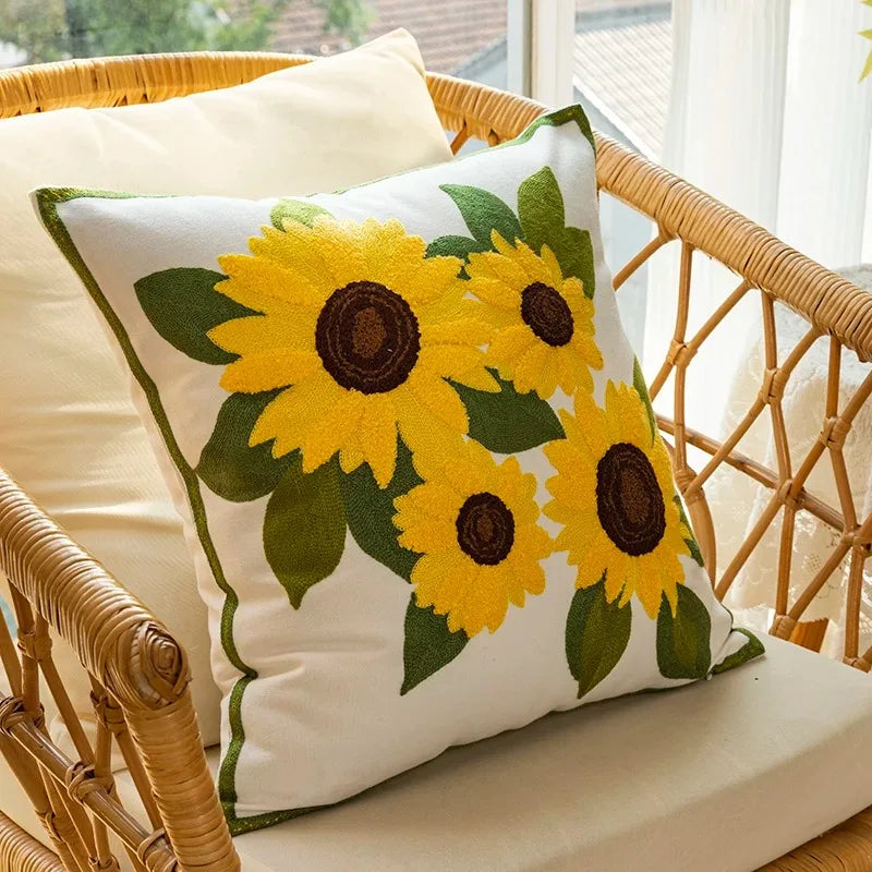 Sunflower Embroidered Cushion Cover Floral Throw Pillow Decorative Sofa Accent Cushion