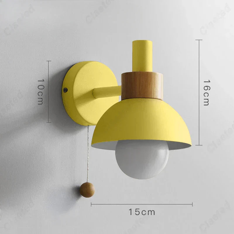 Wall Light Wood and Iron 16 cm x 15 cm x 10 cm | Pull Chain Switch | Space-Saving Wall Mounted LED Ambient Lighting