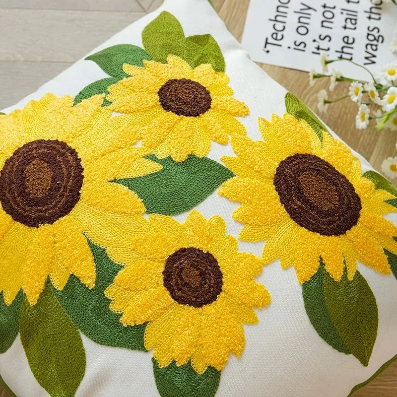 Sunflower Embroidered Cushion Cover Floral Throw Pillow Decorative Sofa Accent Cushion