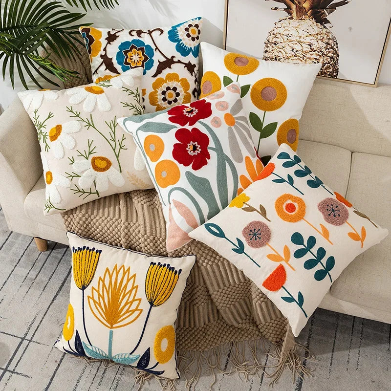 Embroidered Cushion Cover Cotton Polyester Canvas | Floral Pattern Twill Weave | Hidden Zipper for Seamless Home Styling