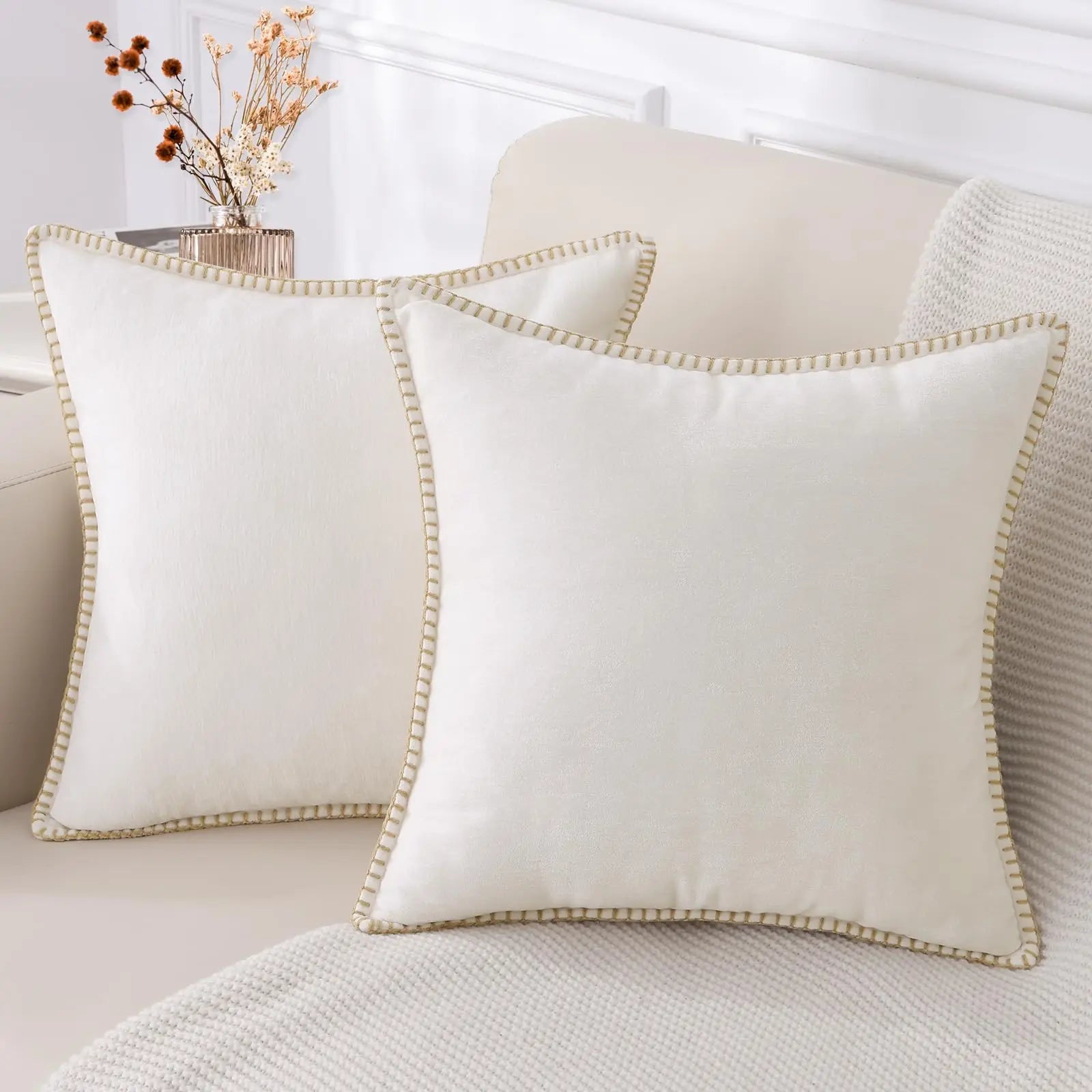 Chenille Throw Pillow Cover Stitched Edge Cushion Case