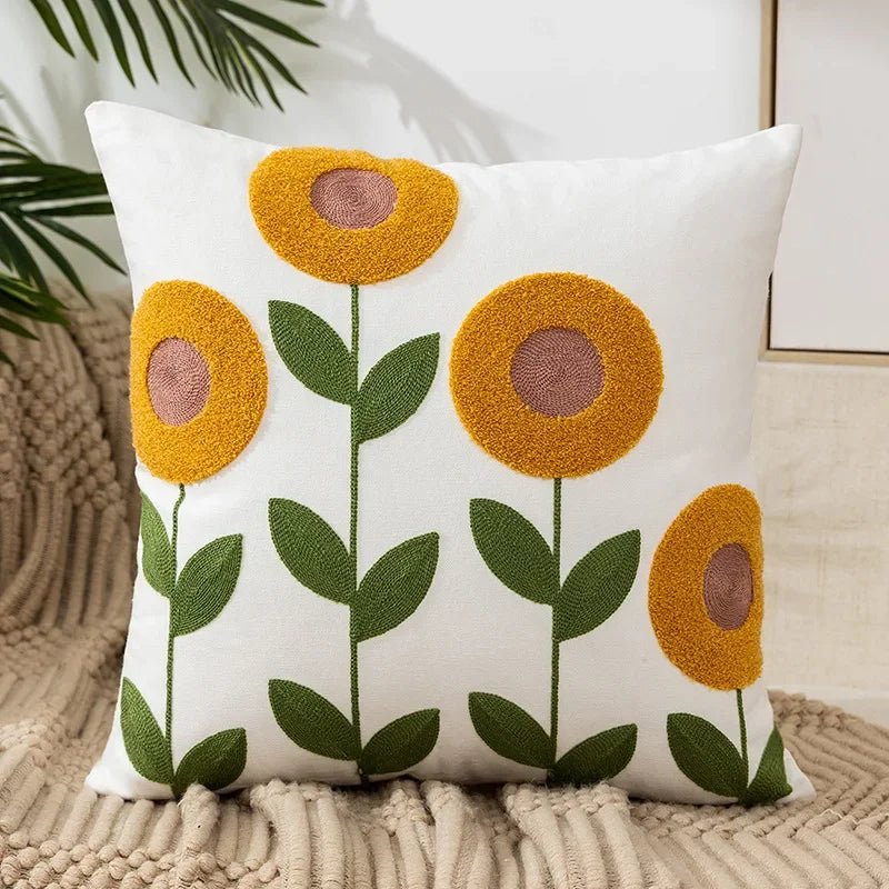 Embroidered Cushion Cover Cotton Polyester Canvas | Floral Pattern Twill Weave | Hidden Zipper for Seamless Home Styling