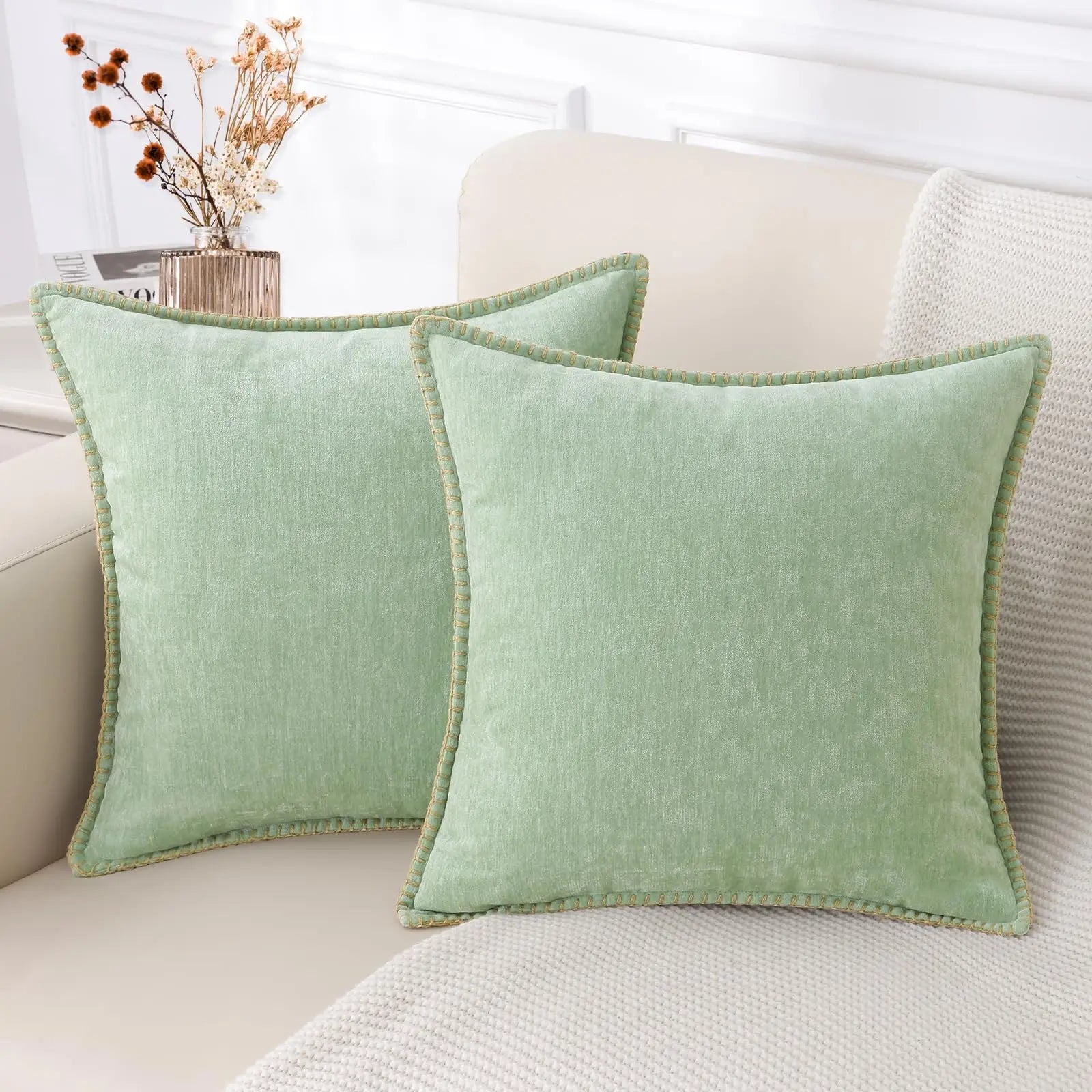 Chenille Throw Pillow Cover Stitched Edge Cushion Case