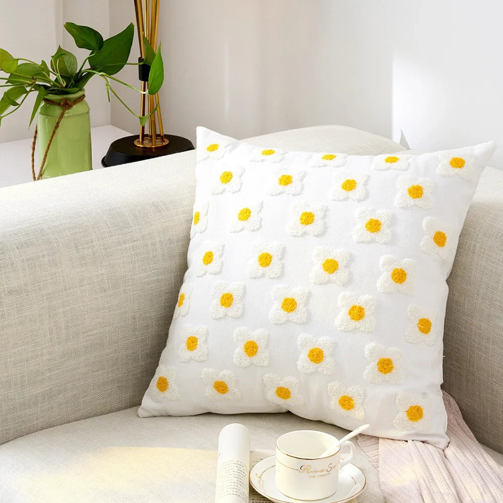 Embroidered Cushion Cover Cotton Polyester Canvas | Floral Pattern Twill Weave | Hidden Zipper for Seamless Home Styling