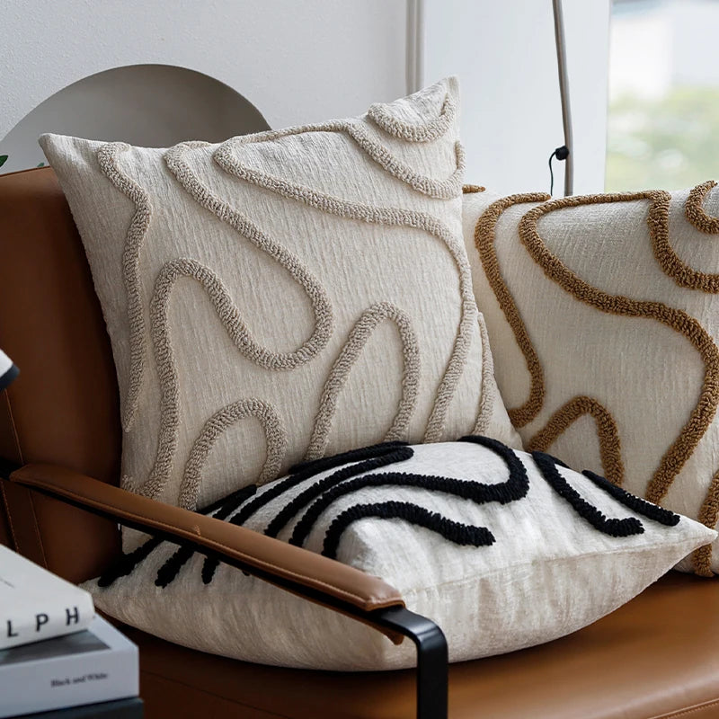 Boho Chenille Decorative Pillow with Soft Geometric Lines for Sofa and Living Room