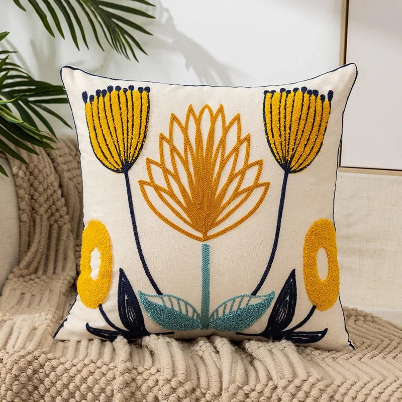 Embroidered Cushion Cover Cotton Polyester Canvas | Floral Pattern Twill Weave | Hidden Zipper for Seamless Home Styling