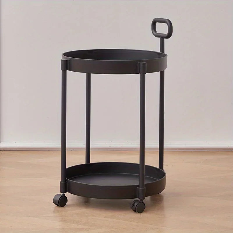 Round Rolling Side Table Two Tier Storage Cart Mobile Accent Table