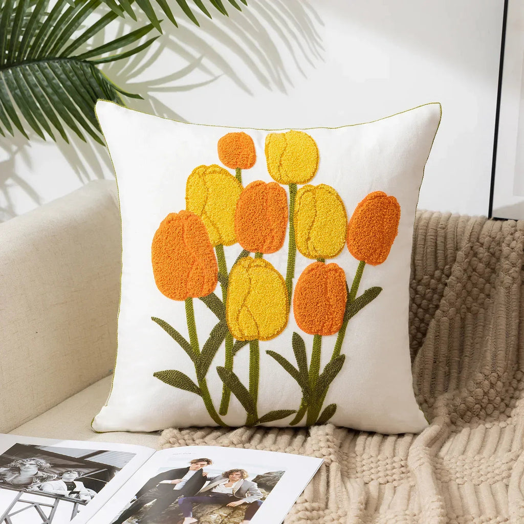 Embroidered Cushion Cover Cotton Polyester Canvas | Floral Pattern Twill Weave | Hidden Zipper for Seamless Home Styling