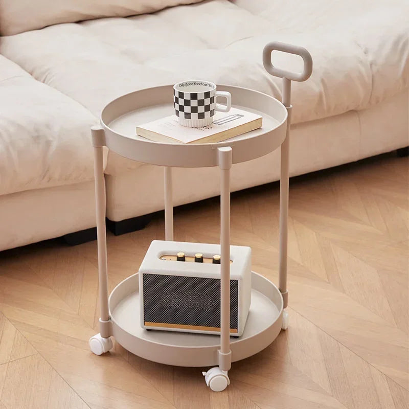 Round Rolling Side Table Two Tier Storage Cart Mobile Accent Table