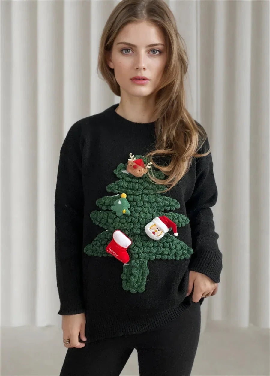 Women's 3D Christmas Sweater | Textured Christmas Tree Jumper | Relaxed Fit Round Neck Festive Knitwear for Winter Parties