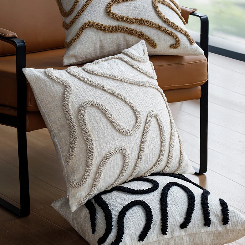 Boho Chenille Decorative Pillow with Soft Geometric Lines for Sofa and Living Room