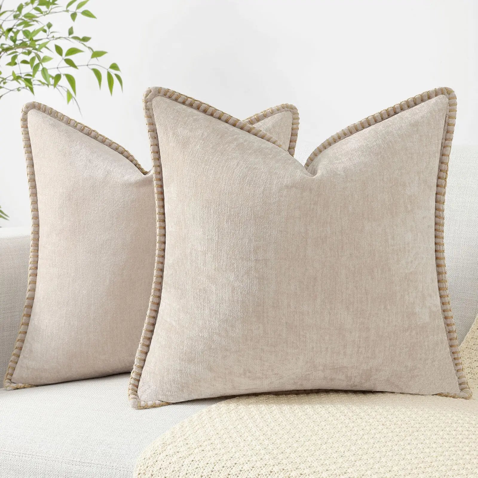 Chenille Throw Pillow Cover Stitched Edge Cushion Case
