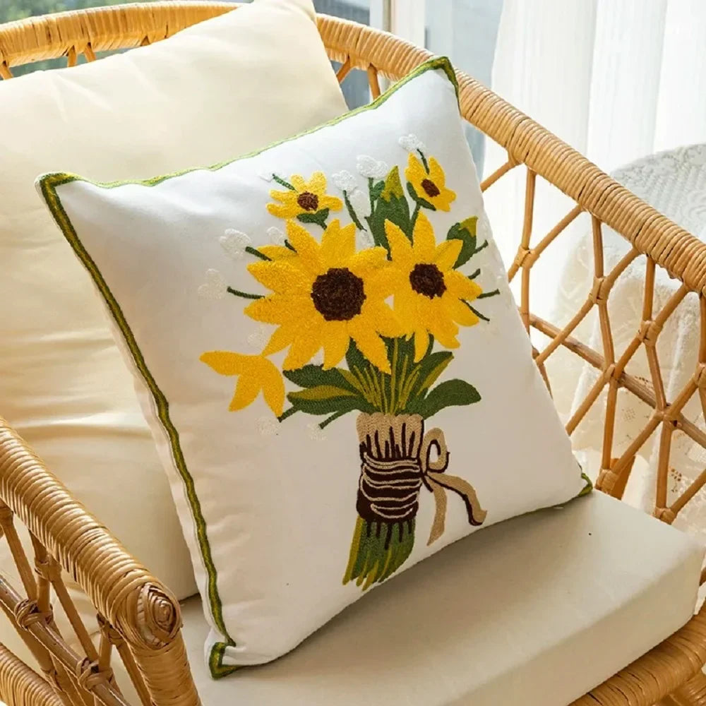 Sunflower Embroidered Cushion Cover Floral Throw Pillow Decorative Sofa Accent Cushion
