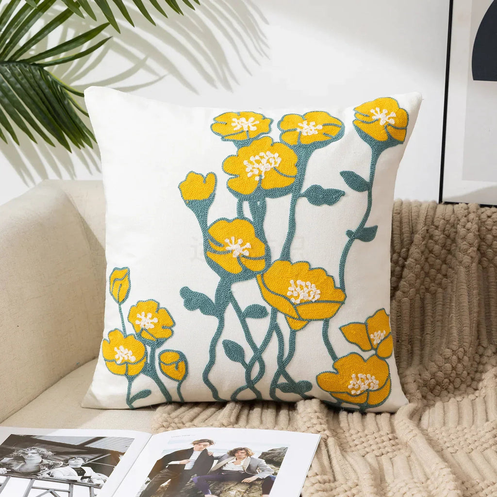 Embroidered Cushion Cover Cotton Polyester Canvas | Floral Pattern Twill Weave | Hidden Zipper for Seamless Home Styling