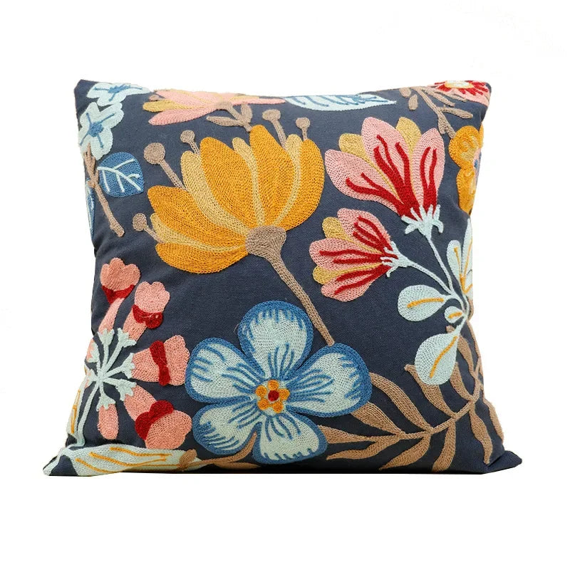 Embroidered Cushion Cover Cotton Polyester Canvas | Floral Pattern Twill Weave | Hidden Zipper for Seamless Home Styling
