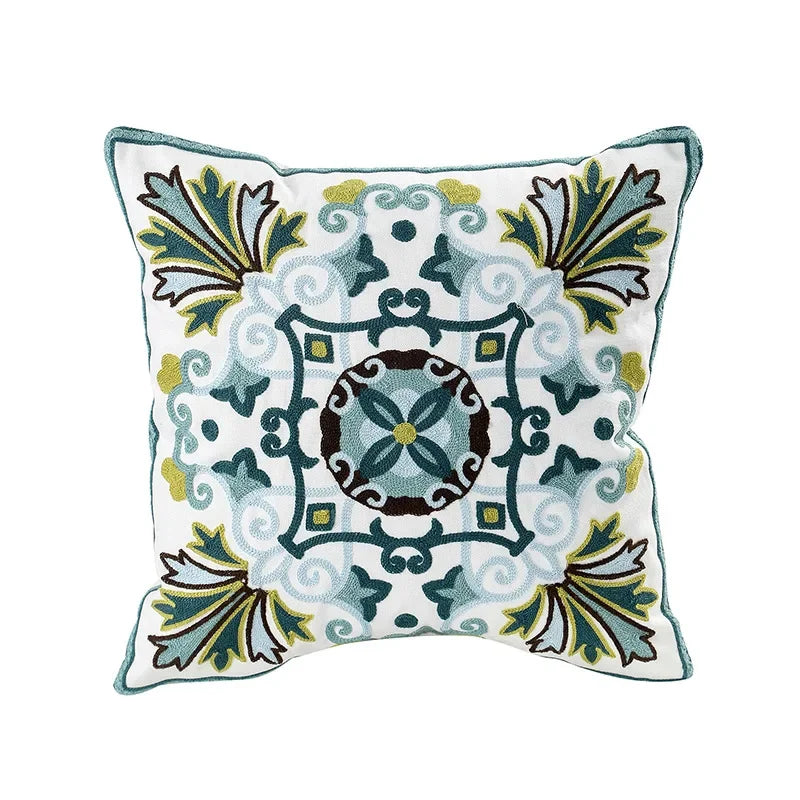 Embroidered Cushion Cover Cotton Polyester Canvas | Floral Pattern Twill Weave | Hidden Zipper for Seamless Home Styling