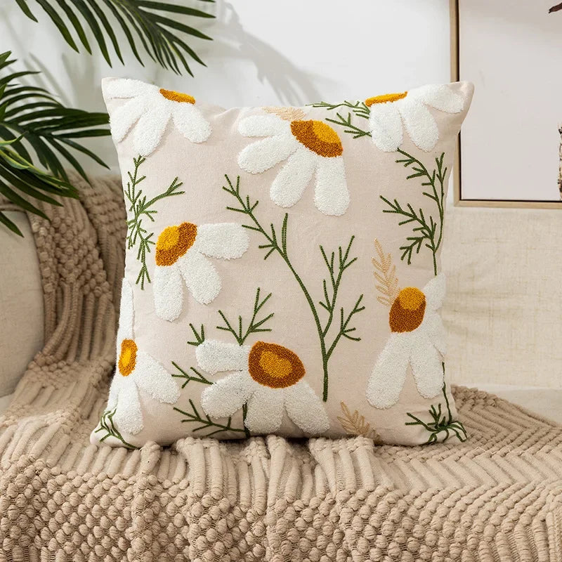 Embroidered Cushion Cover Cotton Polyester Canvas | Floral Pattern Twill Weave | Hidden Zipper for Seamless Home Styling