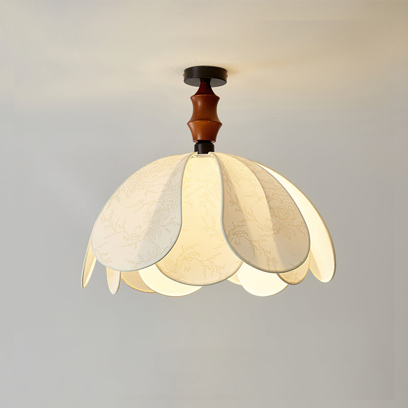 Fabric Flush Mount Ceiling Light with Wavy Edges | Wabi-sabi Style Wood and Cloth Fixture | Art Deco Indoor Lighting Solution