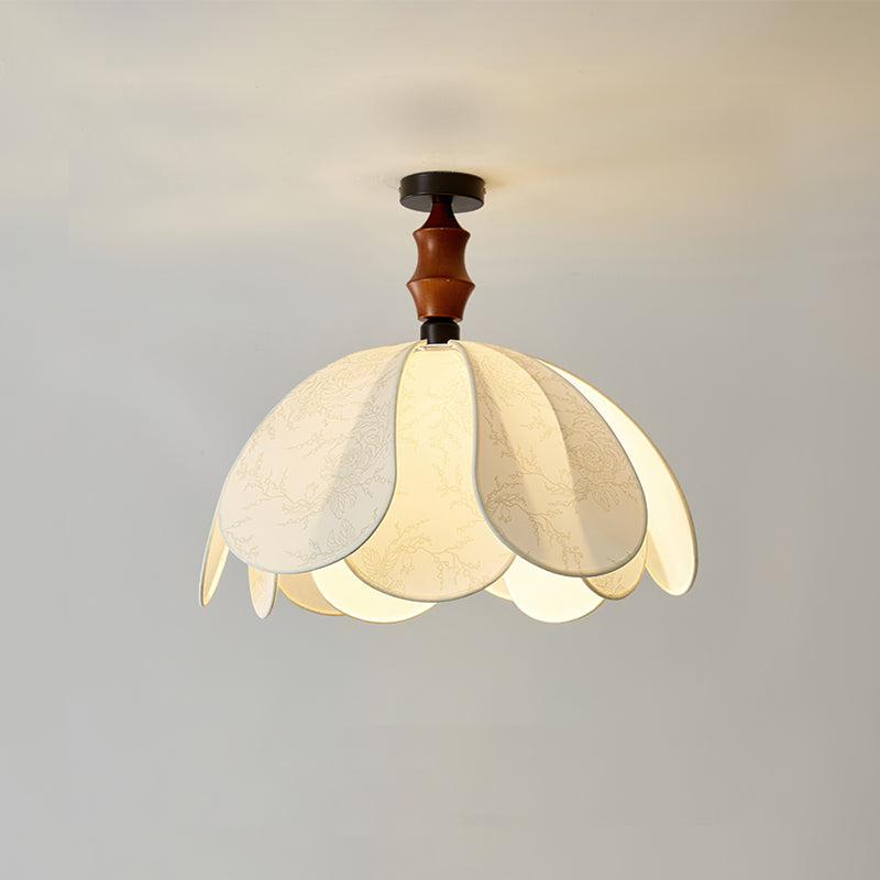 Fabric Flush Mount Ceiling Light with Wavy Edges | Wabi-sabi Style Wood and Cloth Fixture | Art Deco Indoor Lighting Solution