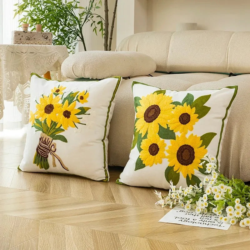 Sunflower Embroidered Cushion Cover Floral Throw Pillow Decorative Sofa Accent Cushion