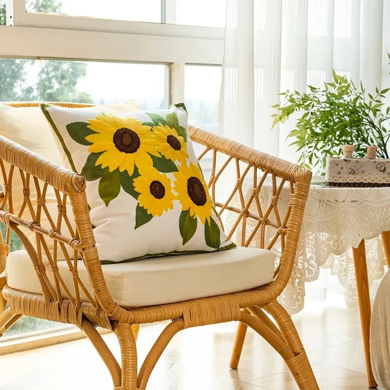 Sunflower Embroidered Cushion Cover Floral Throw Pillow Decorative Sofa Accent Cushion