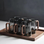 Smoked Glass Coffee Mug Wooden Handle Tea Cup Modern Drinkware Mug