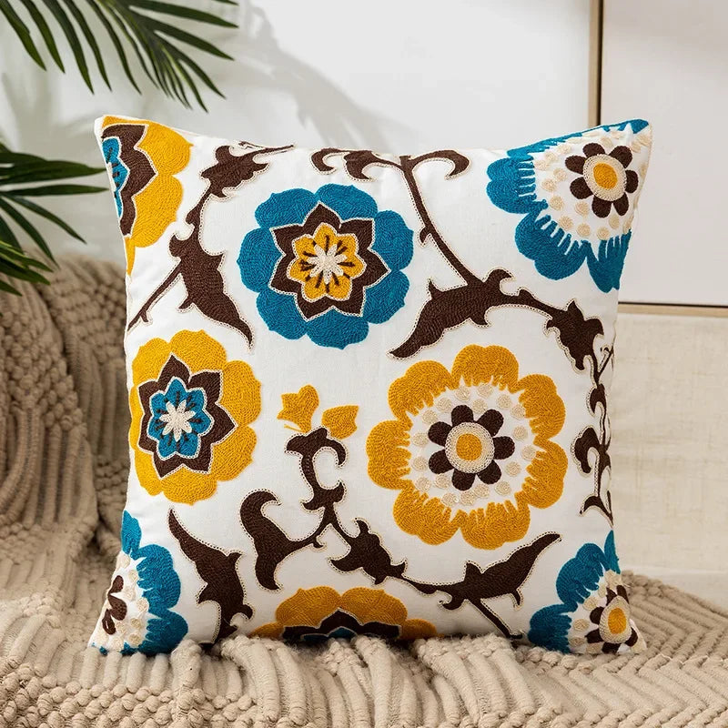 Embroidered Cushion Cover Cotton Polyester Canvas | Floral Pattern Twill Weave | Hidden Zipper for Seamless Home Styling