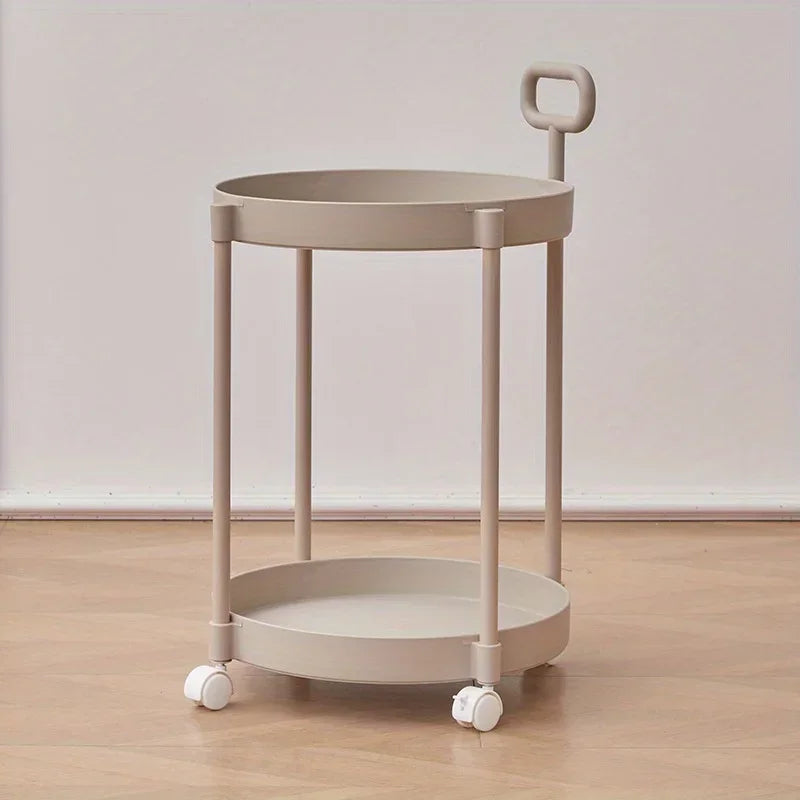 Round Rolling Side Table Two Tier Storage Cart Mobile Accent Table