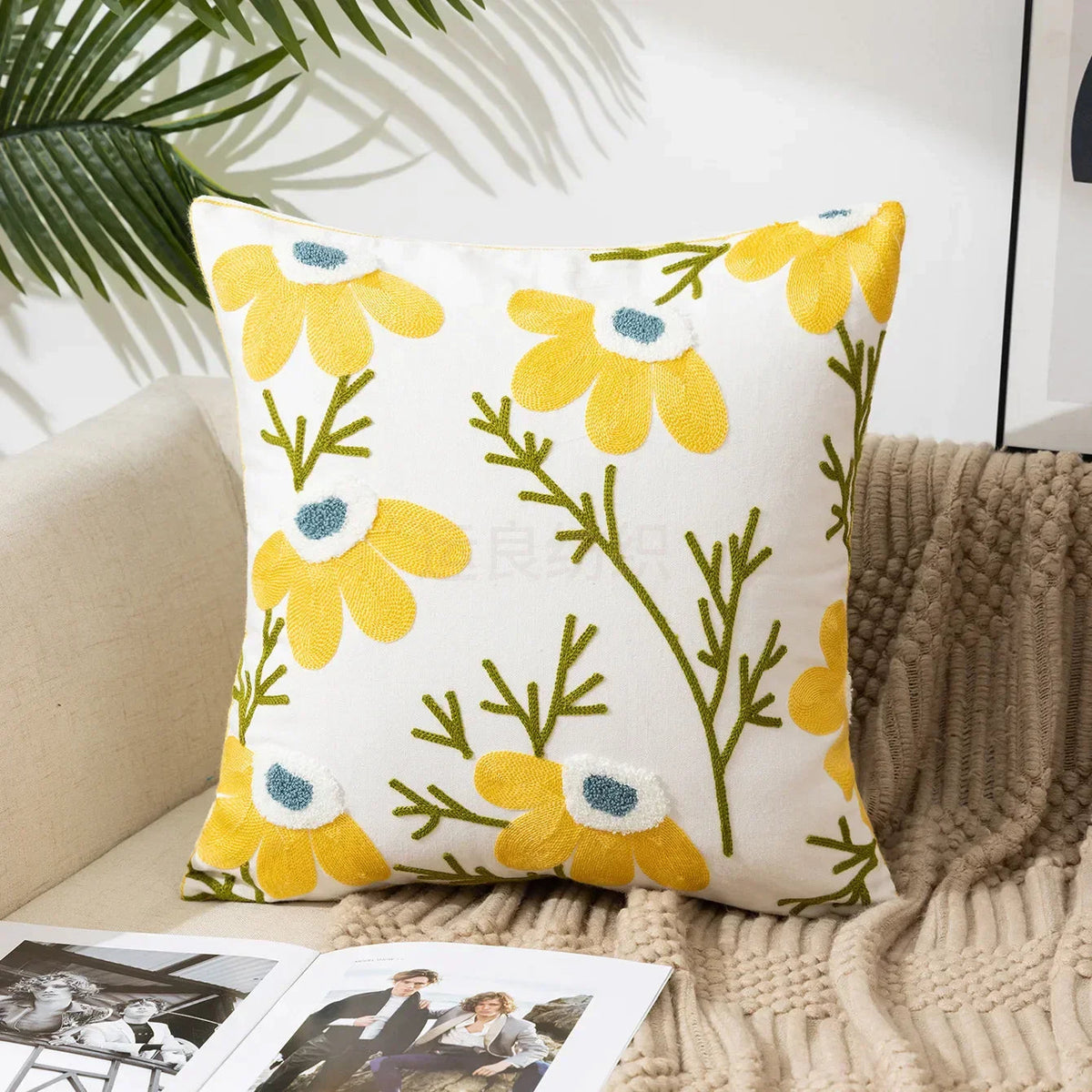 Embroidered Cushion Cover Cotton Polyester Canvas | Floral Pattern Twill Weave | Hidden Zipper for Seamless Home Styling
