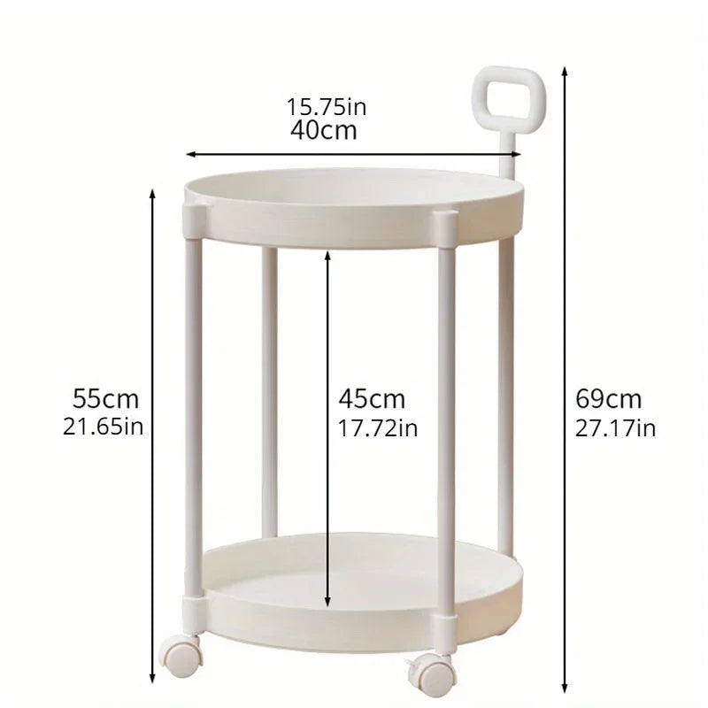 Round Rolling Side Table Two Tier Storage Cart Mobile Accent Table