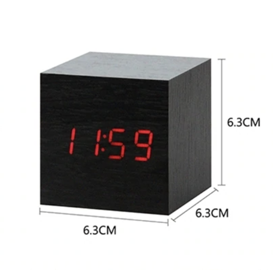 LED Alarm Clock with Sound Activation | Minimalist Wood Grain Design | USB or Battery Powered Time Date Temperature Display