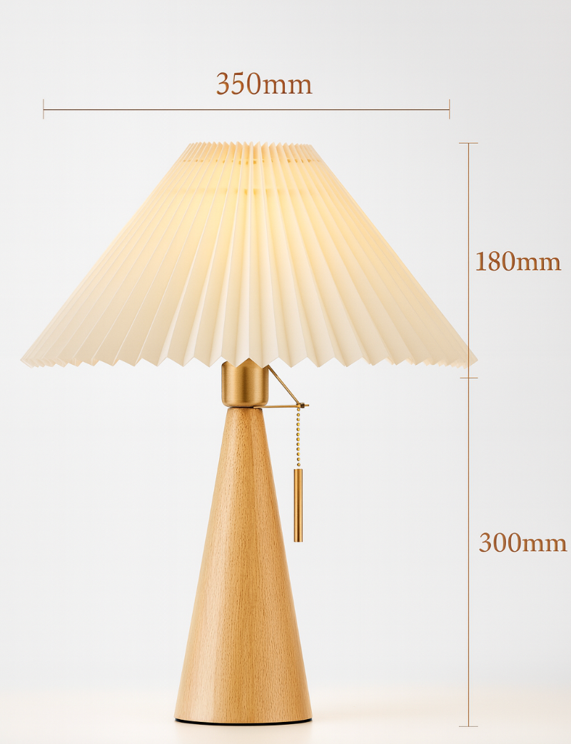 LED Table Lamp Rubberwood Pleated Fabric W350 mm x H480 mm | Japanese Minimalist Style | Soft Diffused Ambient Lighting