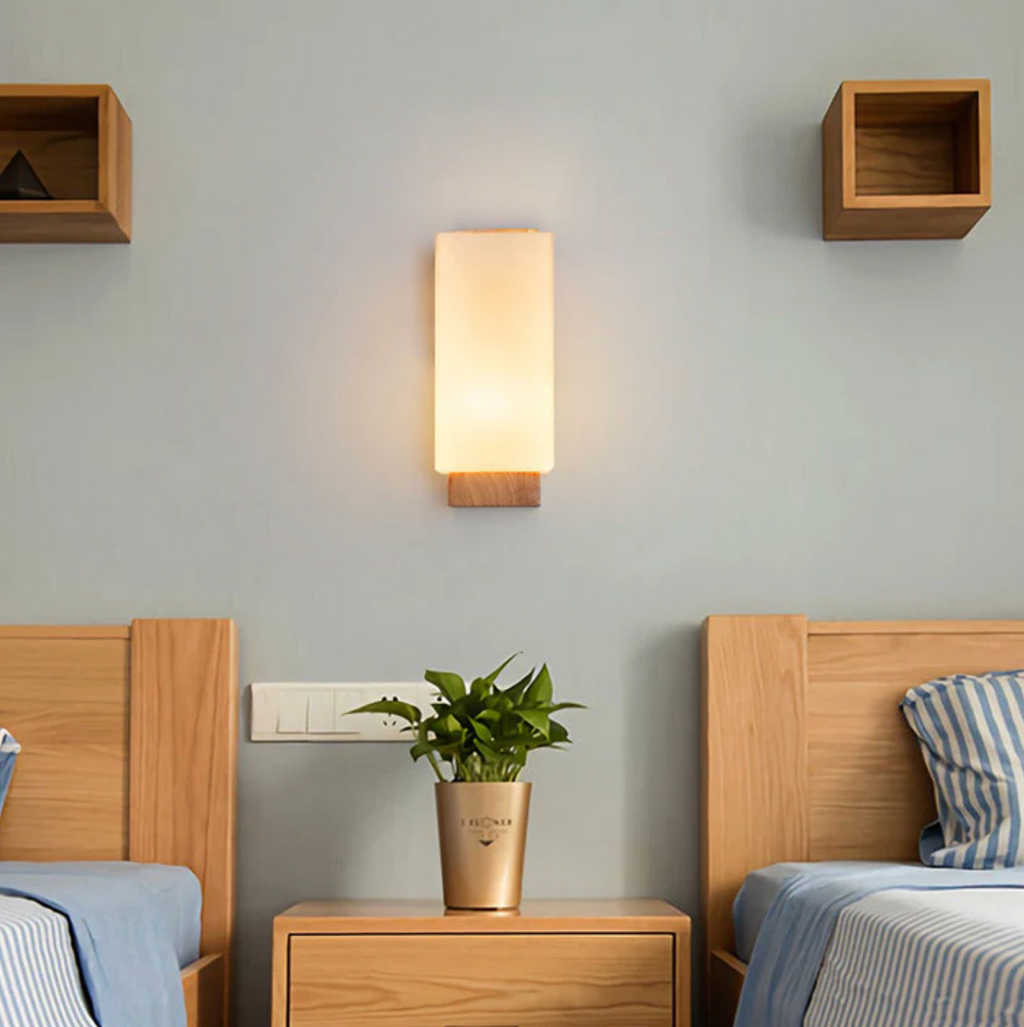 Wood Wall Sconce Glass Shade | Modern Minimalist Style | Soft Ambient Lighting for Bedrooms Hallways and Living Rooms