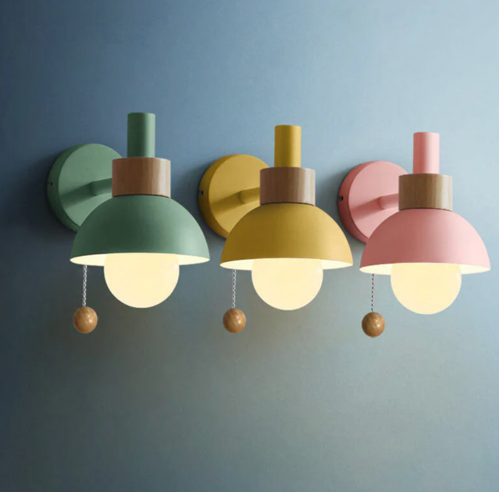 Wall Light Wood and Iron 16 cm x 15 cm x 10 cm | Pull Chain Switch | Space-Saving Wall Mounted LED Ambient Lighting