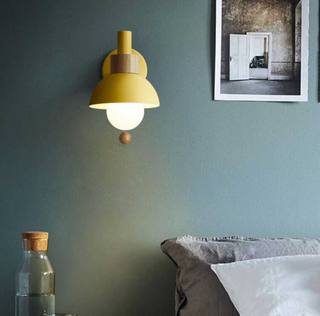 Wall Light Wood and Iron 16 cm x 15 cm x 10 cm | Pull Chain Switch | Space-Saving Wall Mounted LED Ambient Lighting