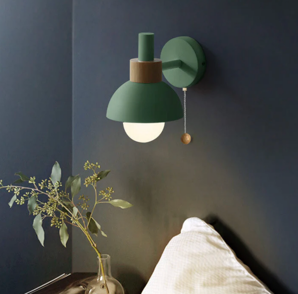 Wall Light Wood and Iron 16 cm x 15 cm x 10 cm | Pull Chain Switch | Space-Saving Wall Mounted LED Ambient Lighting