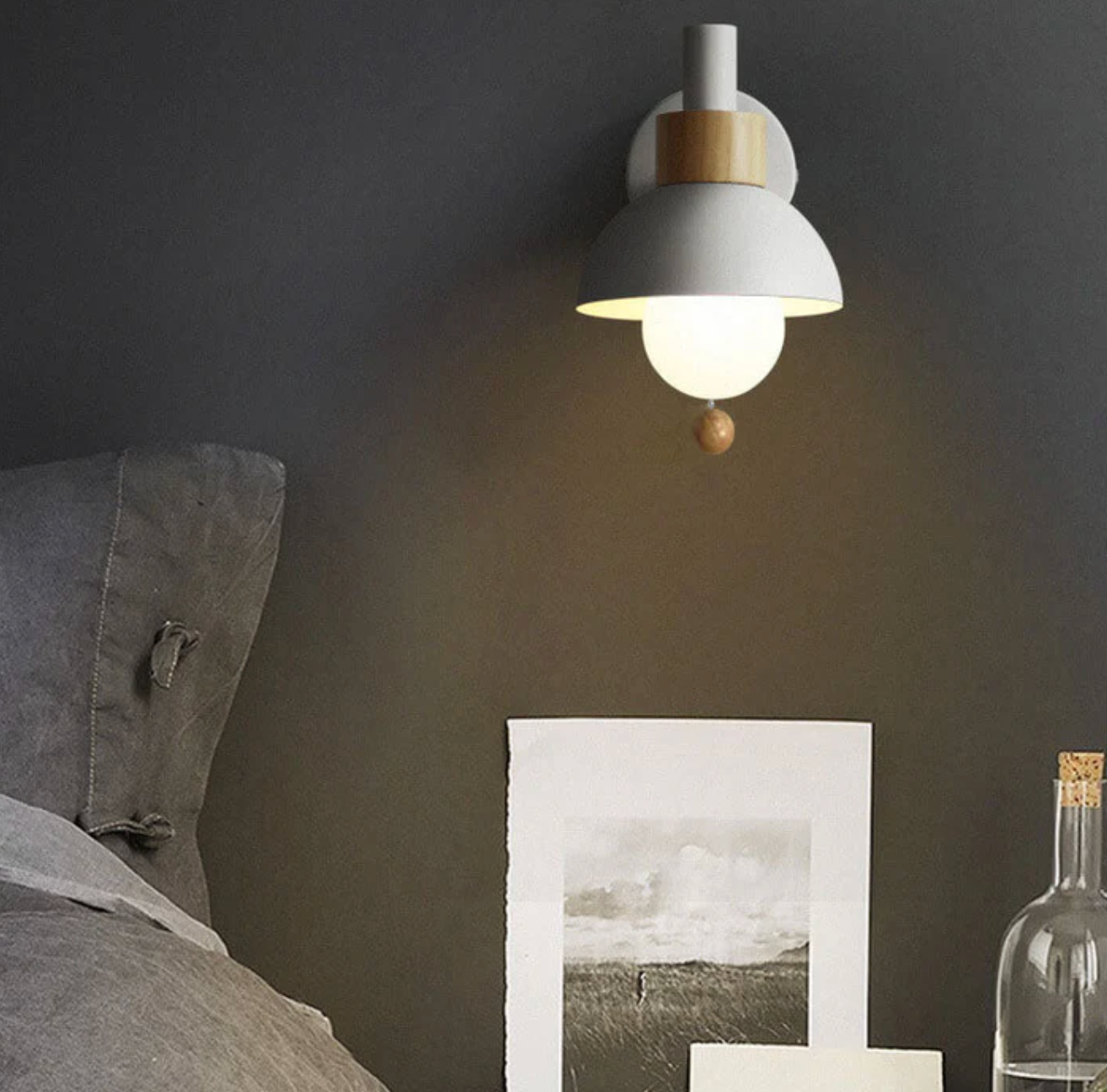 Wall Light Wood and Iron 16 cm x 15 cm x 10 cm | Pull Chain Switch | Space-Saving Wall Mounted LED Ambient Lighting