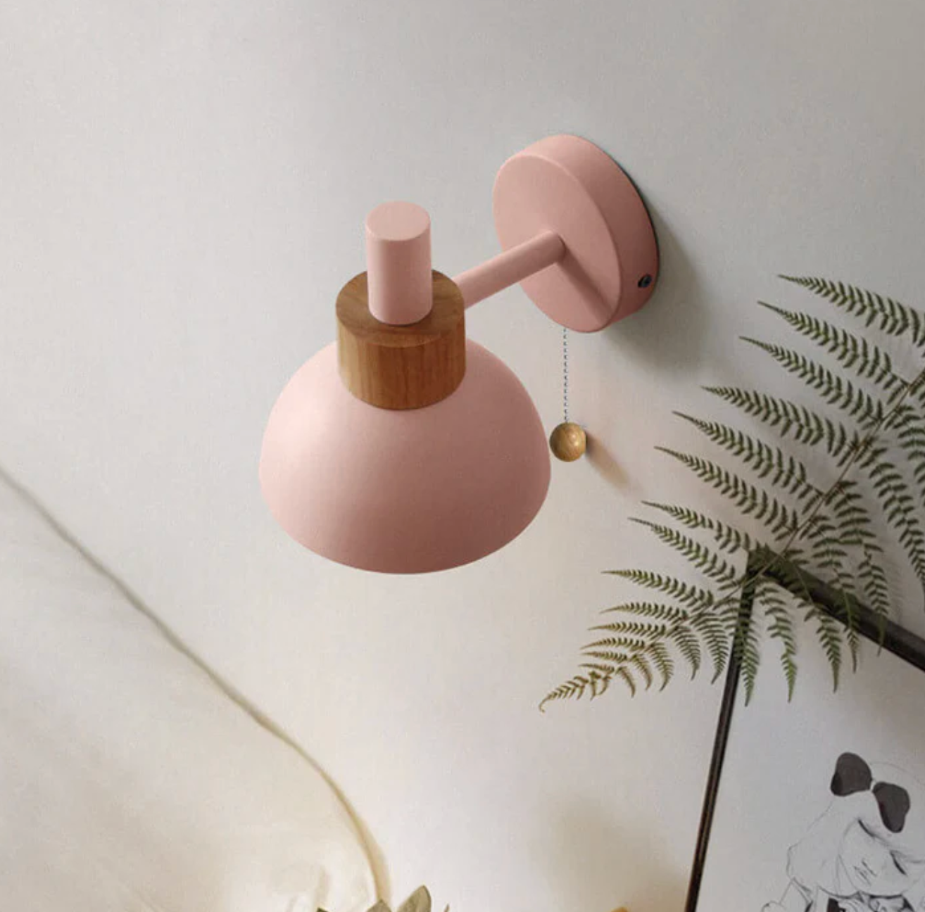 Wall Light Wood and Iron 16 cm x 15 cm x 10 cm | Pull Chain Switch | Space-Saving Wall Mounted LED Ambient Lighting