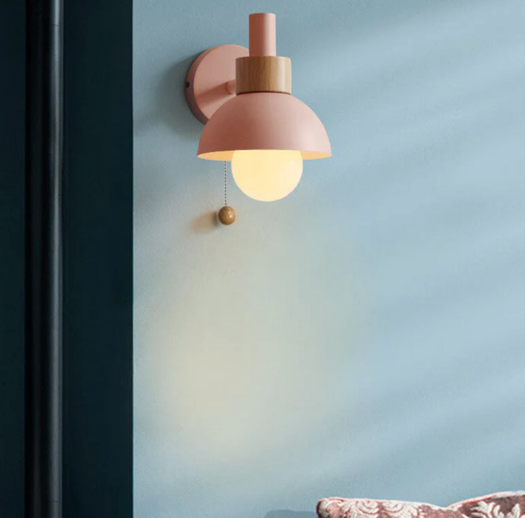 Wall Light Wood and Iron 16 cm x 15 cm x 10 cm | Pull Chain Switch | Space-Saving Wall Mounted LED Ambient Lighting