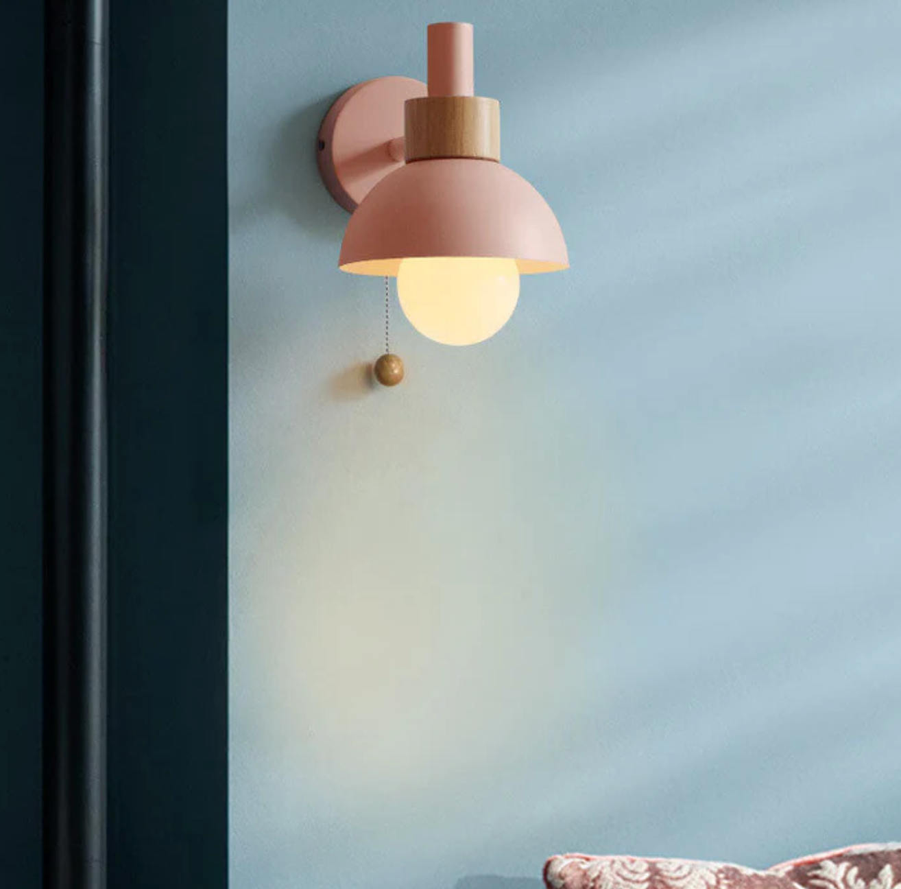 Wall Light Wood and Iron 16 cm x 15 cm x 10 cm | Pull Chain Switch | Space-Saving Wall Mounted LED Ambient Lighting