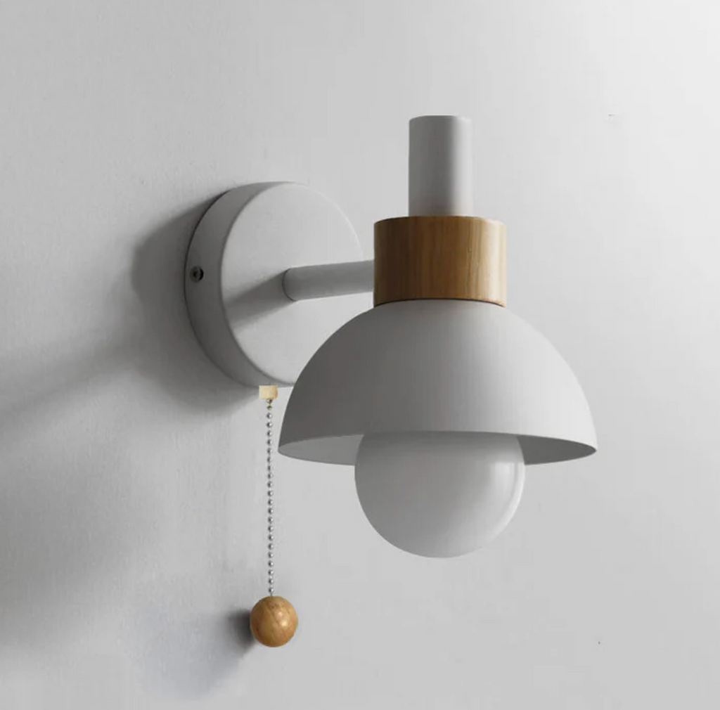 Wall Light Wood and Iron 16 cm x 15 cm x 10 cm | Pull Chain Switch | Space-Saving Wall Mounted LED Ambient Lighting