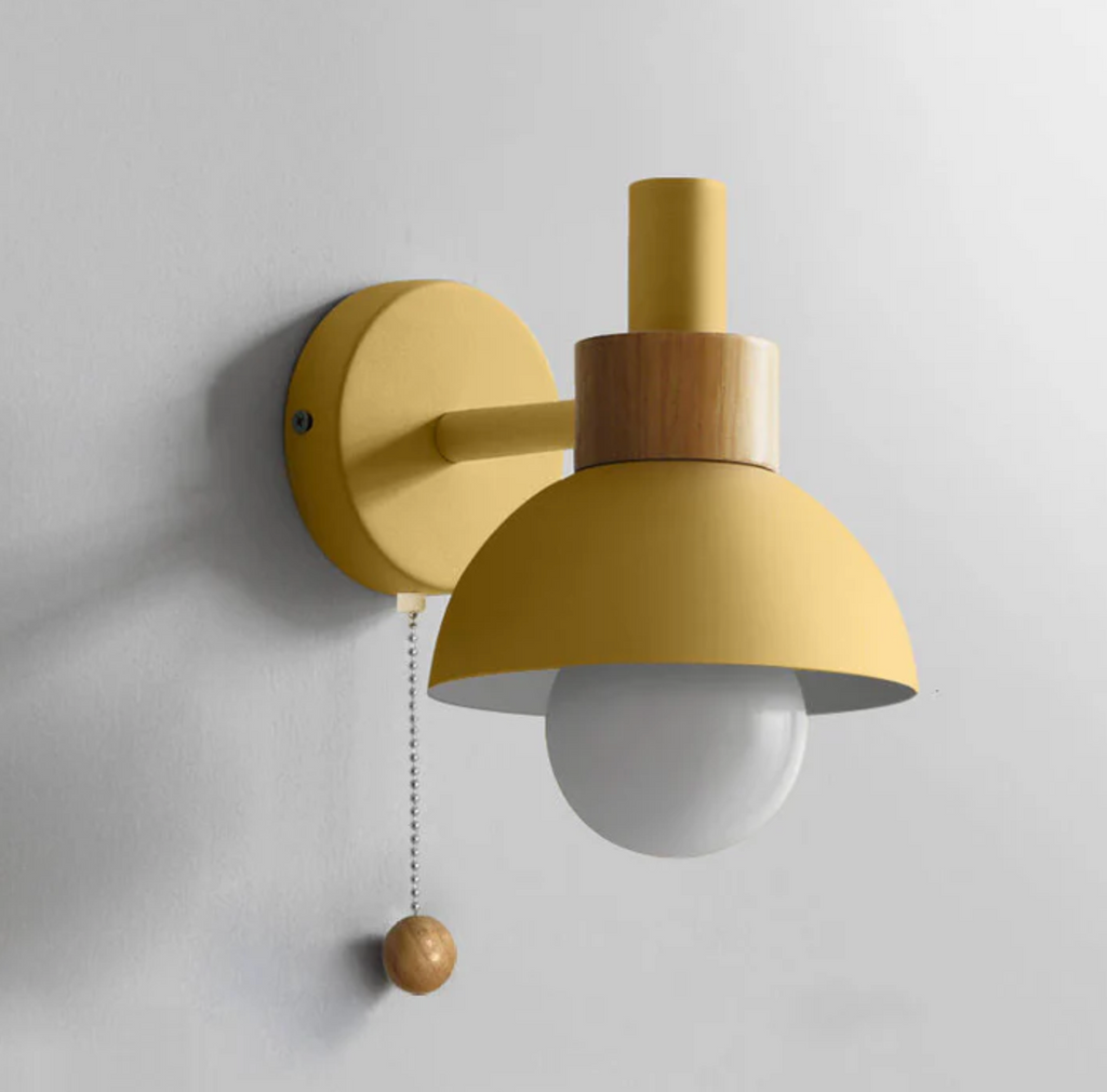 Wall Light Wood and Iron 16 cm x 15 cm x 10 cm | Pull Chain Switch | Space-Saving Wall Mounted LED Ambient Lighting