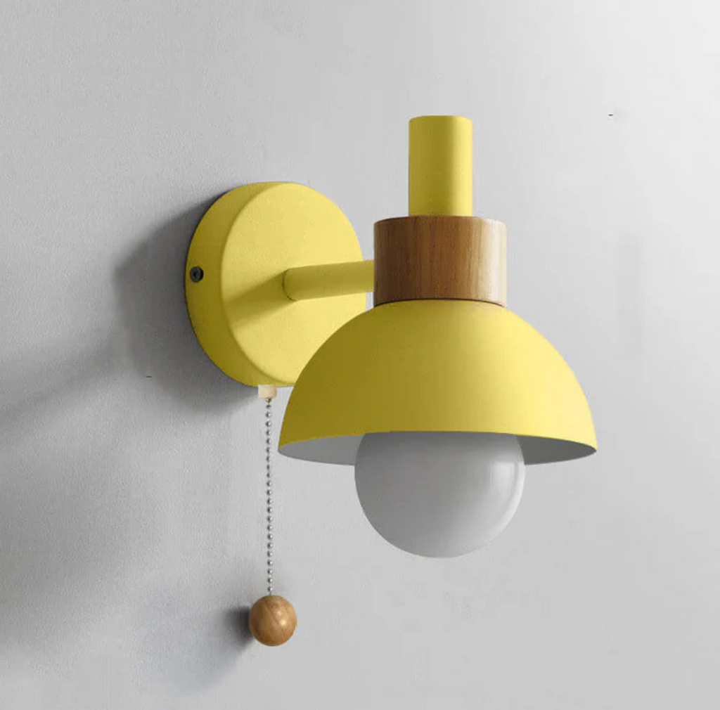 Wall Light Wood and Iron 16 cm x 15 cm x 10 cm | Pull Chain Switch | Space-Saving Wall Mounted LED Ambient Lighting